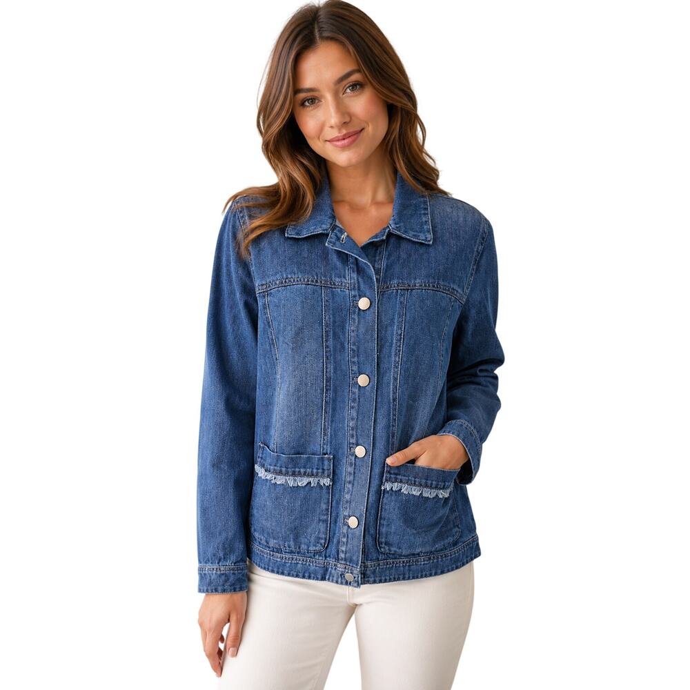 J jill button up blue jean jacket frill pockets career casual size XS EUC
